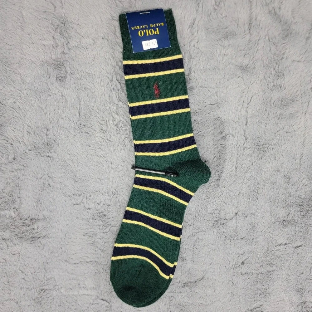 Polo Ralph Lauren Wool Socks Mens 10-13 Green Rugby Stripe Dress Mid Calf Japan